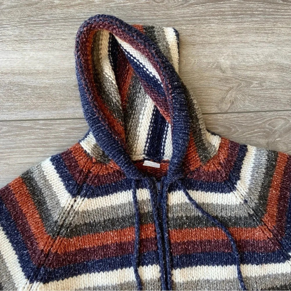 Wool Blend Chunky Knit Striped Boho Hoodie Sweater Jacket - Picture 5 of 12